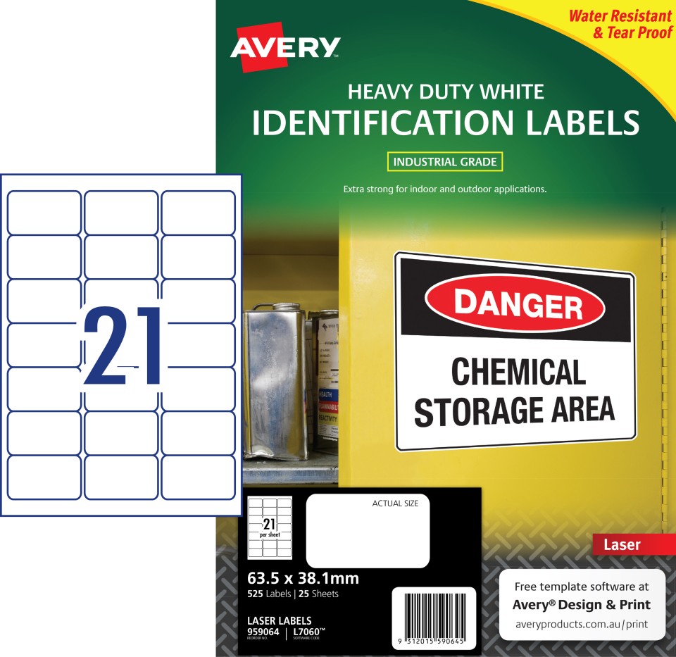 Avery Labels Heavy Duty Laser Printer 959064/L7060 63.5x38.1mm 21 Per Sheet White Pack 525 Labels