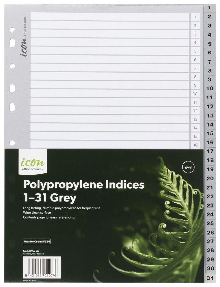 Icon Indices Polypropylene Tabs 1-31 A4 Grey
