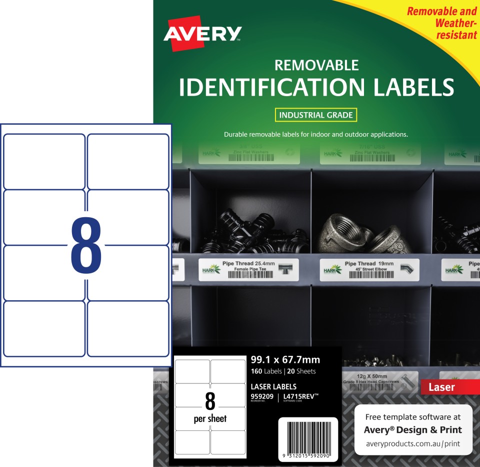 Avery White Heavy Duty Labels Removeable Laser Printers 99.1x67.7mm 8 Per Sheet 160 Labels 959209