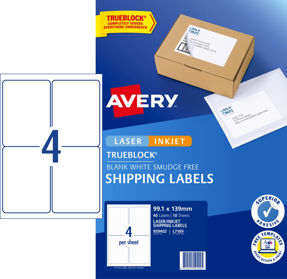 Avery Internet Shipping Labels for Laser, Inkjet Printers, 99.1 x 139 mm, 40 Labels (959402 / L7169)