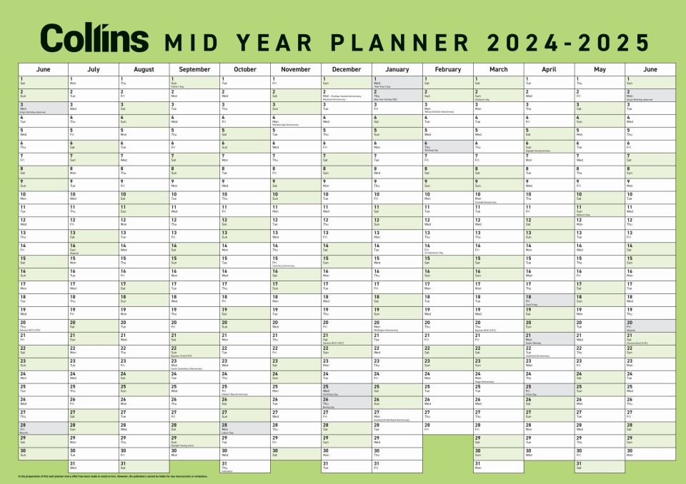 Collins 2024-2025 Wall Planner A2 Unlaminated Green