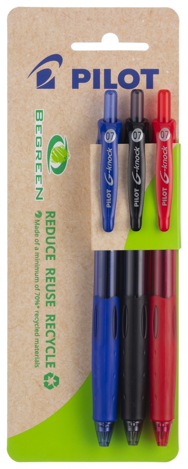 Pilot BeGreen G-Knock Gel Ink Pen Retractable Fine Assorted Colours Pack 3