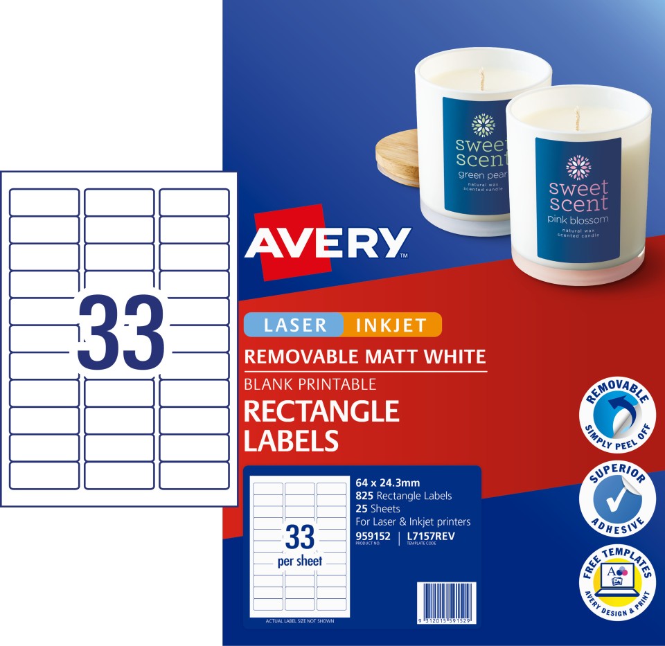 Avery Removable Multi-purpose Labels Laser Inkjet Print 64 x 24.3mm 825 Labels (959152 / L7157REV)