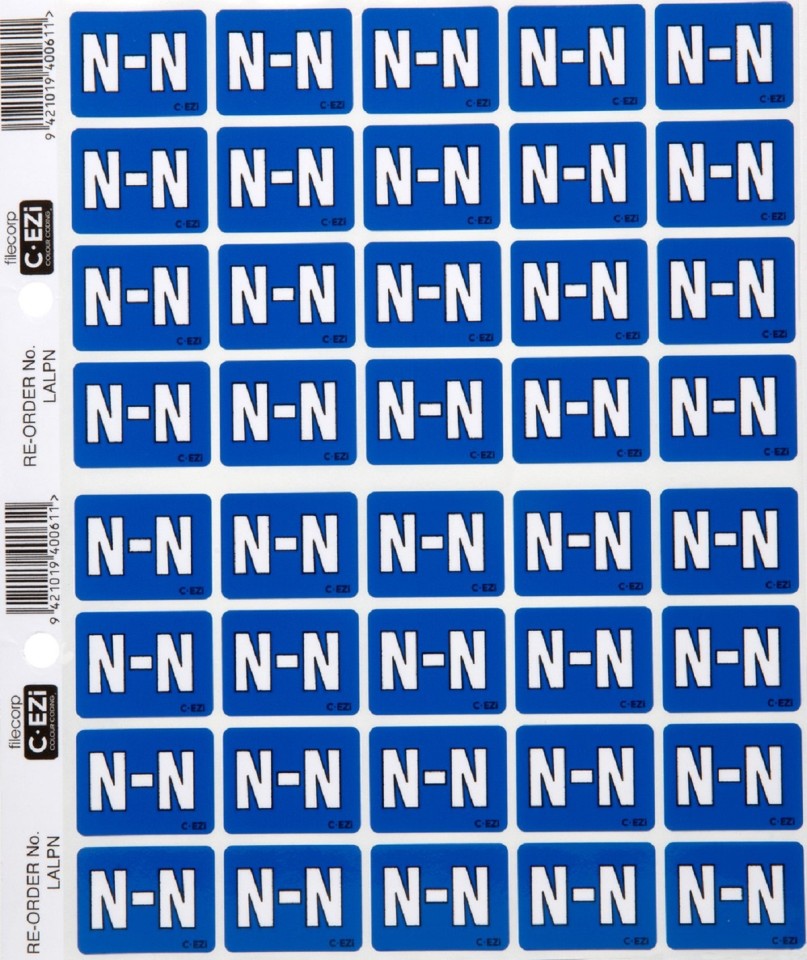 Filecorp C-Ezi Lateral File Labels Alpha Letter N 24mm Sheet 40