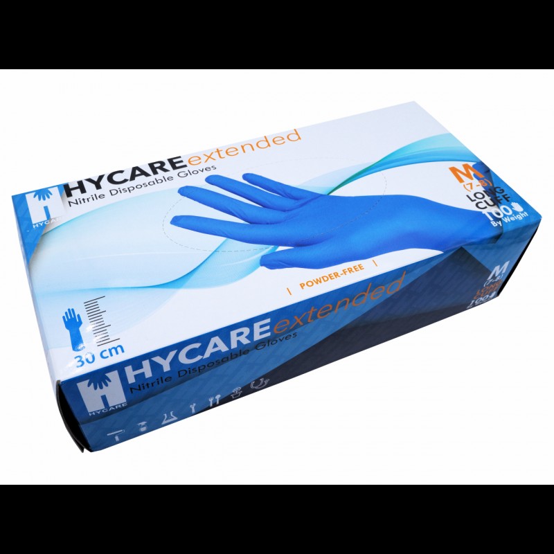 Hycare Nitrile Long Cuff Powder Free Gloves 300mm Box Of 100 Medium
