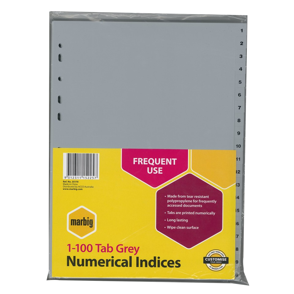 Marbig Indices Polypropylene 1-100 Tab A4 Grey