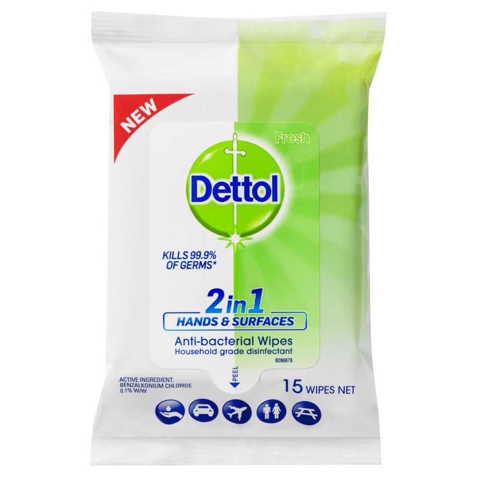 Dettol 2 in 1 Antibacterial Wipe Hand and Surface Pack of 15