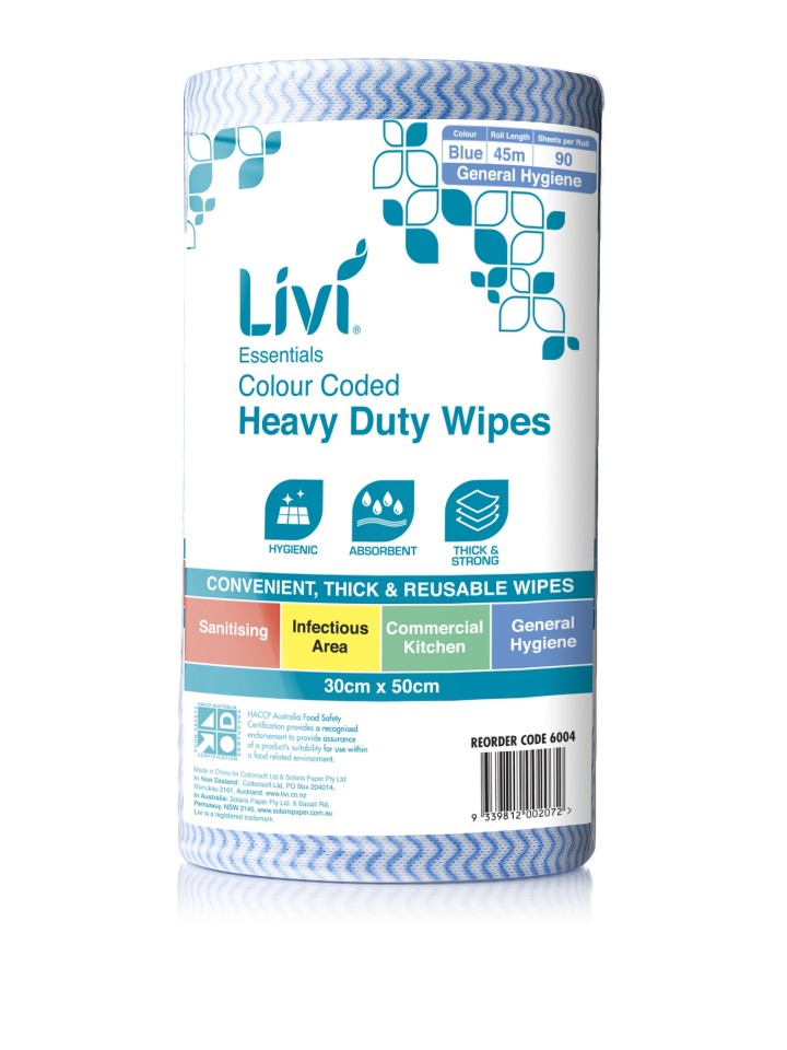 Livi Essentials Colour Coded Heavy Duty Wipes 90 Sheets per roll Blue Carton 4