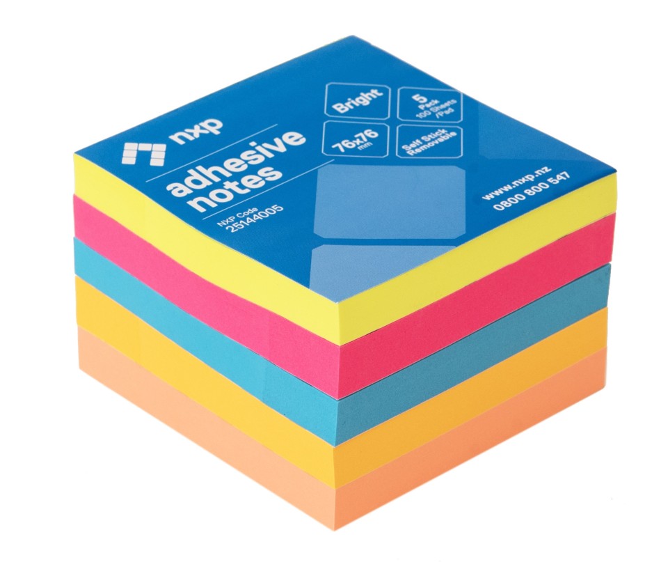 NXP Self Adhesive Removable Sticky Notes Bright Colours 76x76mm Pack 5