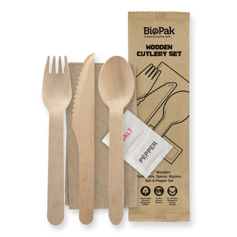 Biopak FSC Certified Wooden 160mm Cutlery Set Knife Fork Spoon Napkin Salt & Pepper Box 100