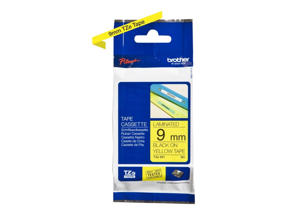 Brother P-Touch Labelling Tape Laminating TZe-621 9mmx8m Black On Yellow