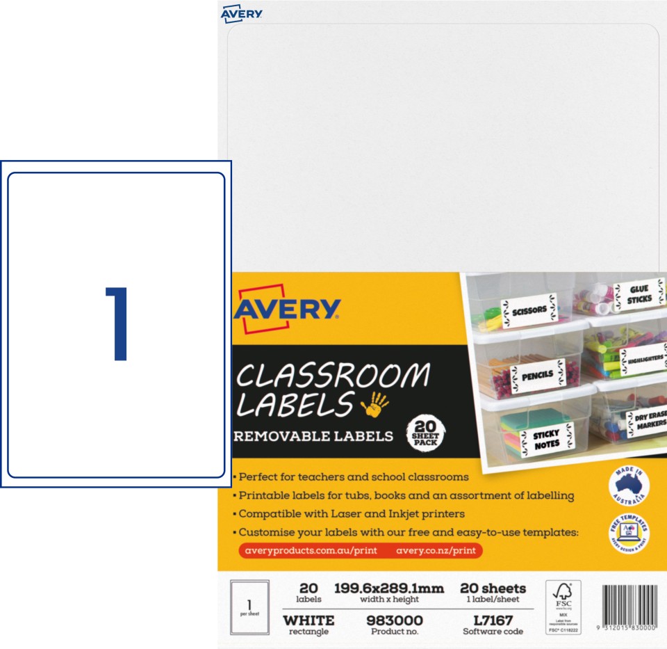 Avery Classroom Labels Laser Inkjet Printers 199.6x289.1mm 20 Labels 983000/ L7167