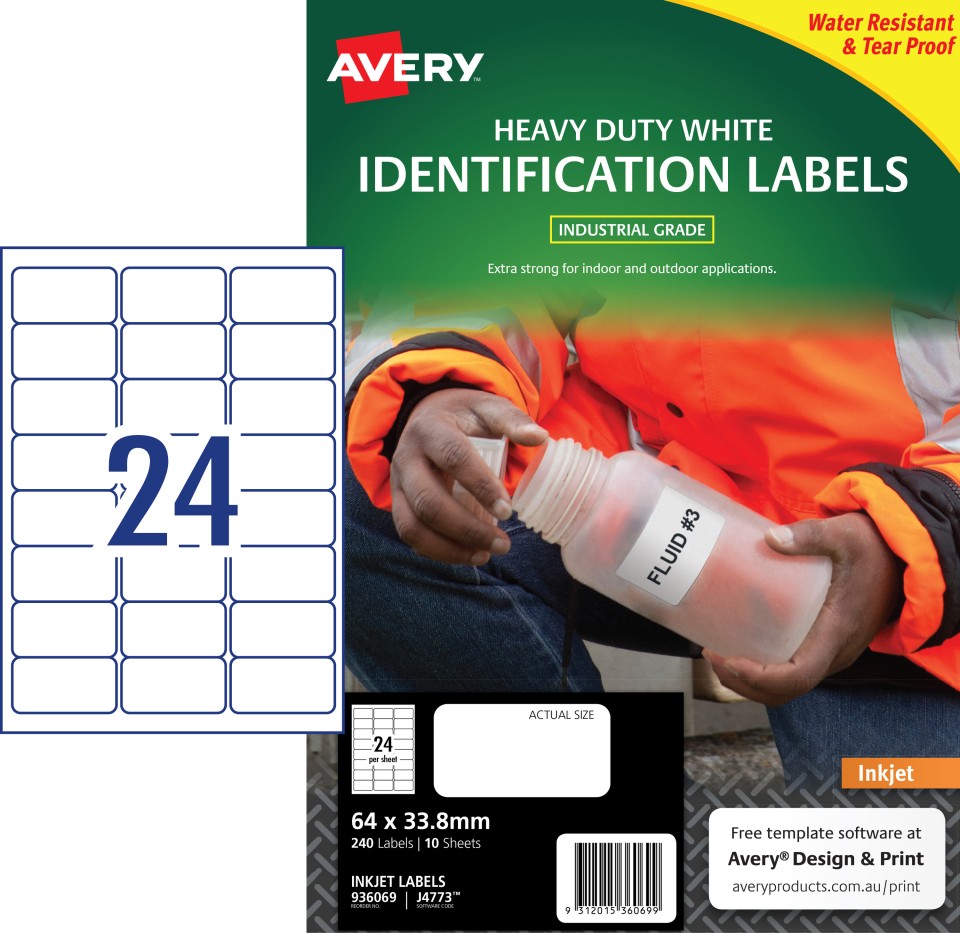 Avery White Heavy Duty Labels for Inkjet Printers, 64 x 33.8 mm, 240 Labels (936069 / J4773)