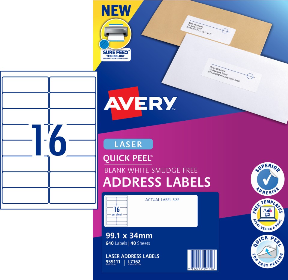 Avery Quick Peel Address Sure Feed Laser Printers 99.1 X 34mm Pack 640 Labels (959111 / L7162)