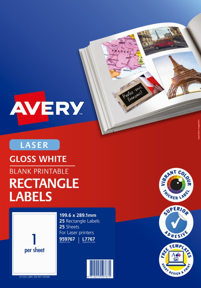 Avery Gloss Photo Multi-purpose Laser Printers 199.6 X 289.1mm Pack 25 Labels (959767 / L7767)
