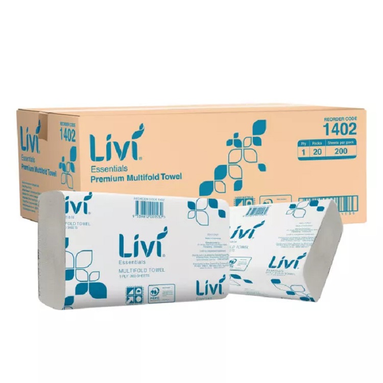 Livi Essentials 1402 Slimfold Paper Towel 1 Ply 200 Sheets per pack White Carton of 20