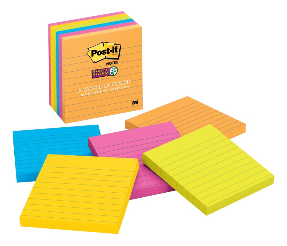 Post-it Super Sticky Self-Adhesive Notes 675-6SSUC Energy/Rio Lined 101x101mm Assorted Colour Pack 6