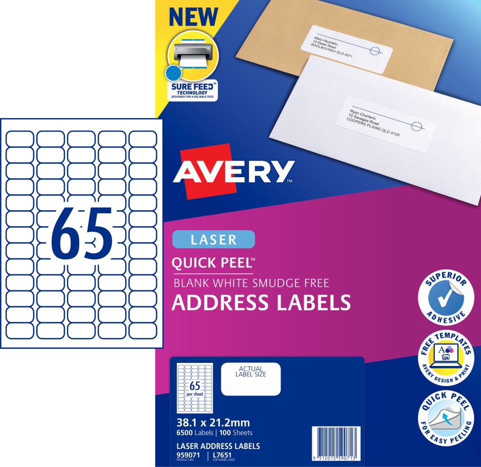Avery Address Labels Sure Feed Laser Printer 959071/L7651 38.1x21.2mm 65 Per Sheet Pack 6500 Labels