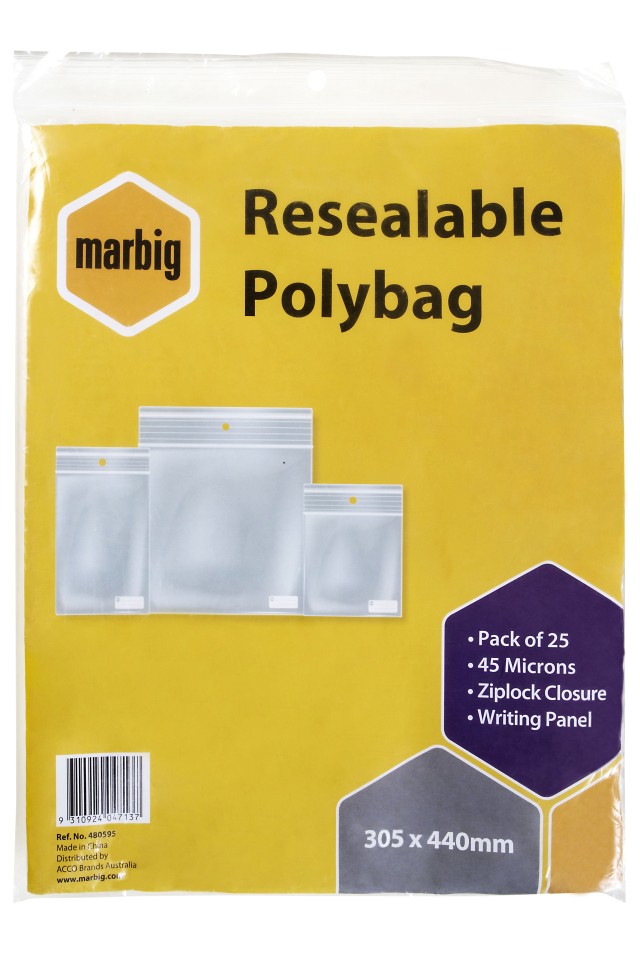 Marbig Resealable Polybag Writing Panel Ziplock Closure 305x440mm 45 Microns Pack 25