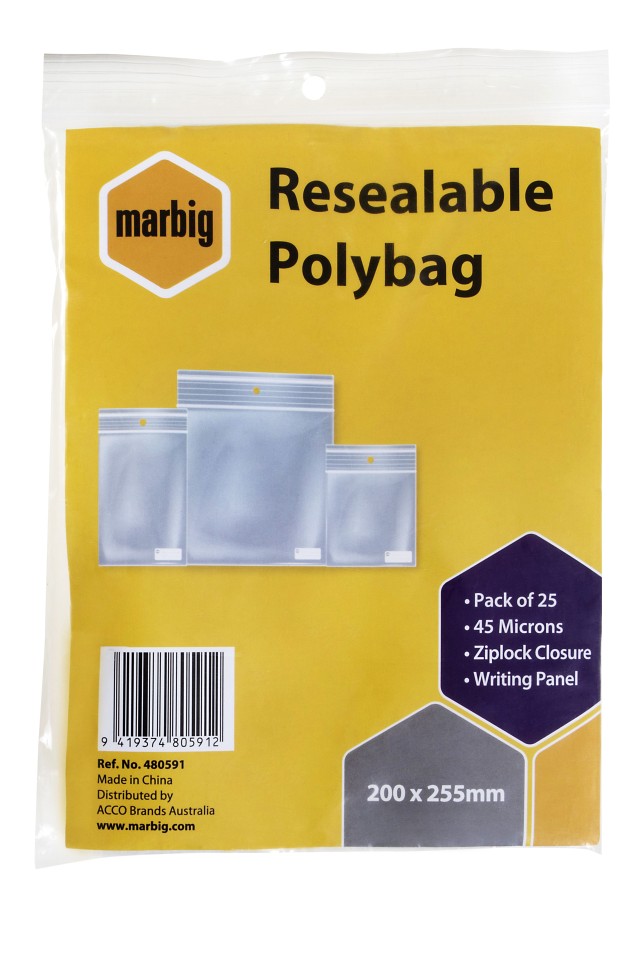 Marbig Resealable Polybag Writing Panel Ziplock Closure 200x255mm 45 Microns Pack 25
