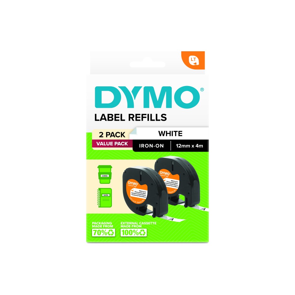 Dymo LetraTag Iron-On Tape Black On White 12mmx2m Pack 2