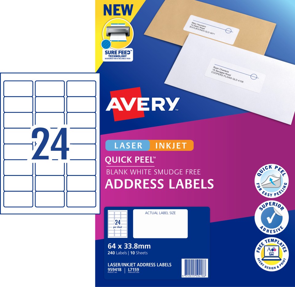Avery Quickpeel Address Surefeed Laser&inkjet Printers 64 X 33.8mm Pack 240 Labels (959418/l7159)