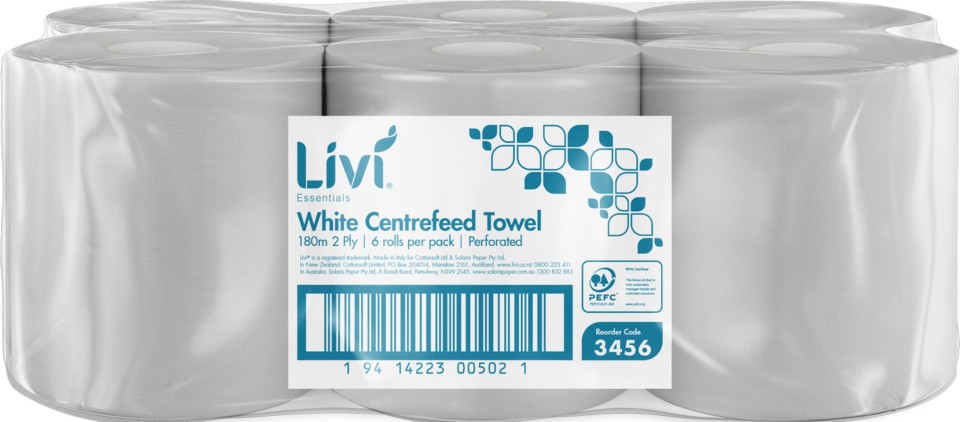 Livi Essentials 3456 Centrefeed Towel 2 Ply 180 metres per roll White Carton 6