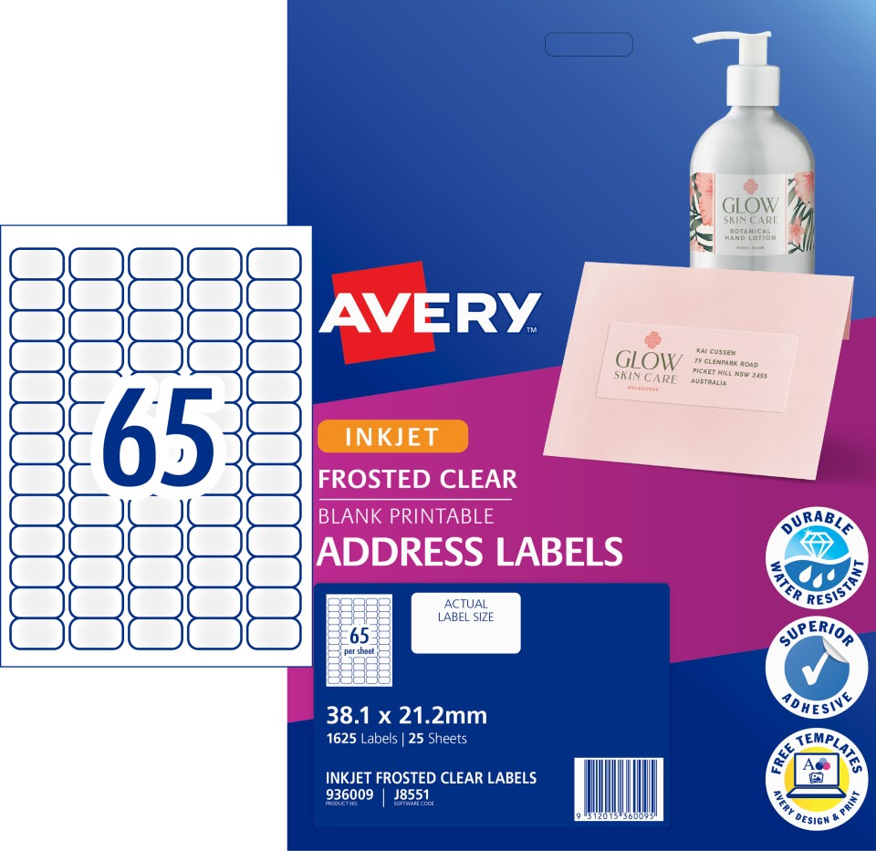 Avery Frosted Clear Address Labels for Inkjet Printers, 38.1 x 21.2 mm, 1625 Labels (936009 / J8551)