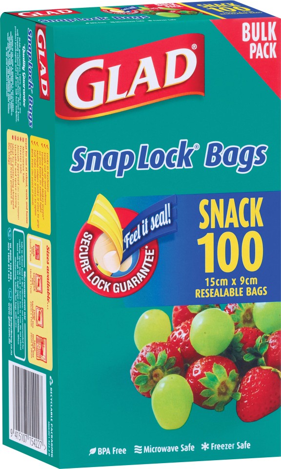 Glad Snaplock Storage Bags Resealable 150x90mm Pack 100