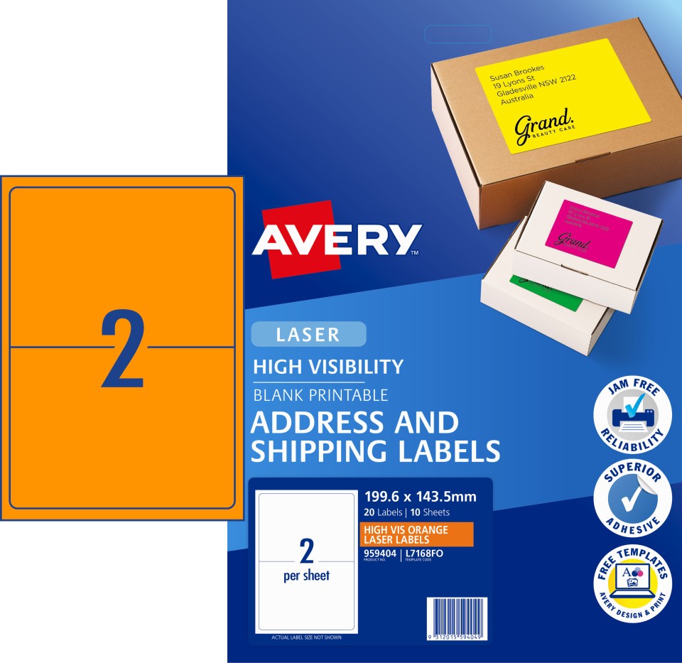 Avery Shipping Labels Laser Printer HighVis 959404/L7168FO 199.6x143.5mm Fluoro Orange Pack20 Labels