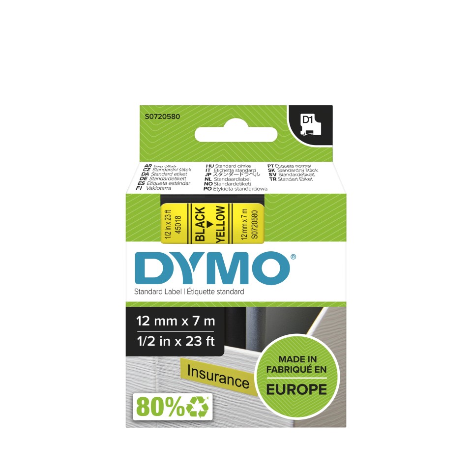 Dymo D1 Labelling Tape 12mmx7m Black On Yellow