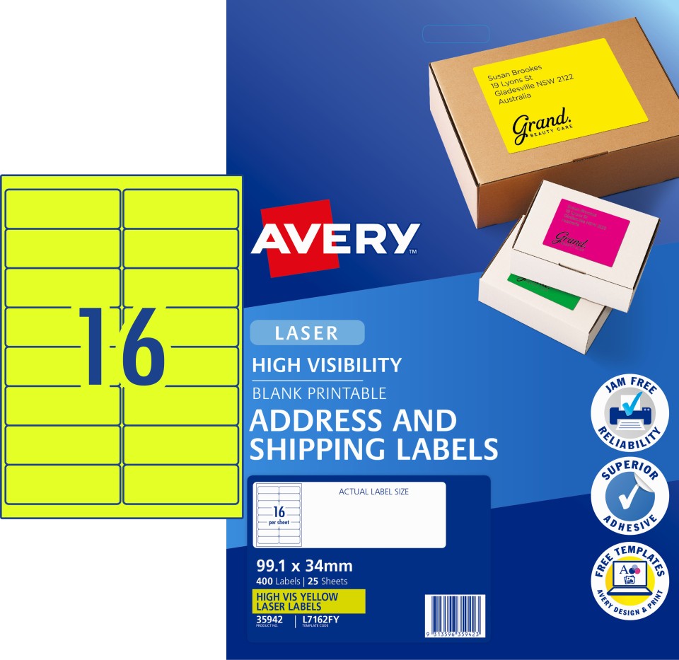 Avery Shipping Labels Laser Printer High Vis 35942/L7162FY 99.1x34mm Fluoro Yellow Pack 400 Labels