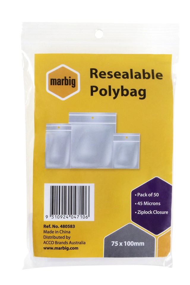 Marbig Resealable Polybag Ziplock Closure 75x100mm 45 Microns Pack 50