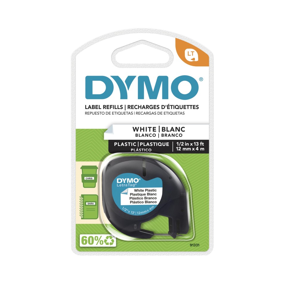 Dymo LetraTag Labelling Tape Plastic 12mmx4m Black On White