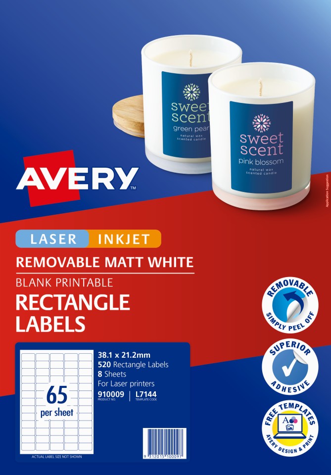 Avery Removable Matt Rectangle Laser & Inkjet Printers 38 X 21mm Pack 520 Labels (910009 / L7144)