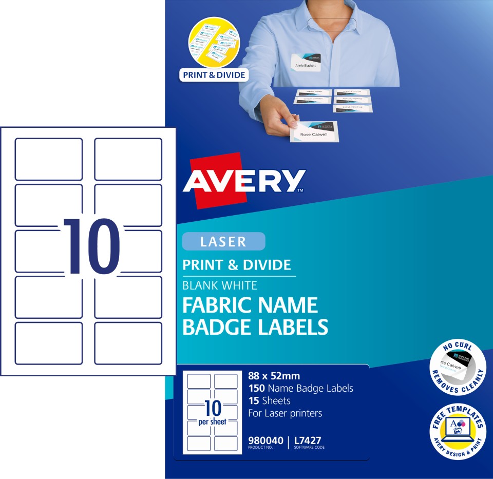 Avery Name Badge Labels Laser Printer Fabric Print&Divide 980040/L7427 88x52mm White Pack 150 Labels