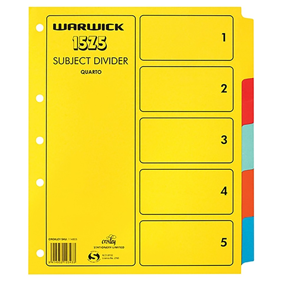 Warwick 15Z5 Dividers 5 Tab Quarto Coloured