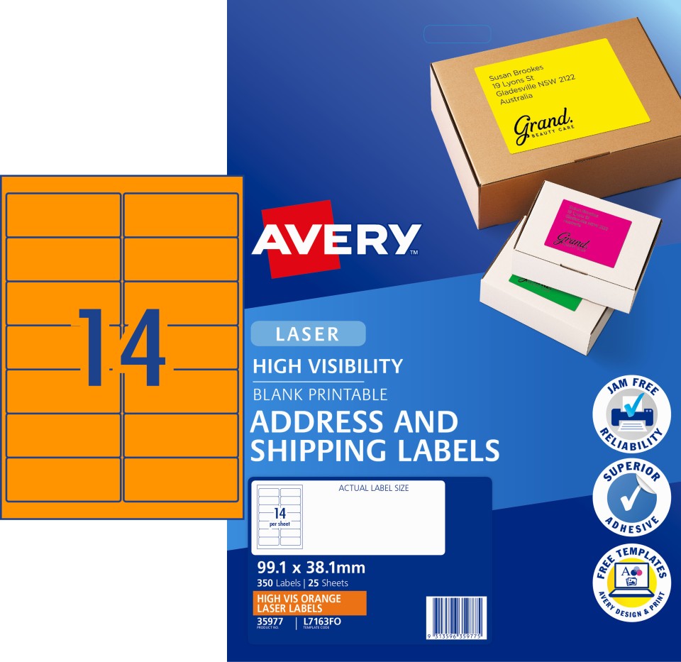 Avery Shipping Labels Fluoro Orange High Vis Laser Printers 99.1x38.1mm 350 Labels 35977 / L7163FO