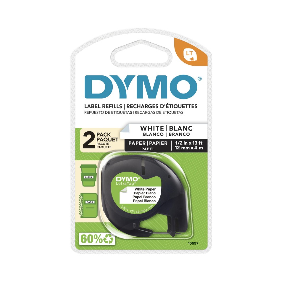 Dymo LetraTag Labelling Tape Paper 12mmx4m Black On White Pack 2