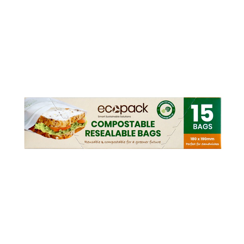 Eco Pack Sandwich Bags Compostable Resealable 180 x 190mm Box 15
