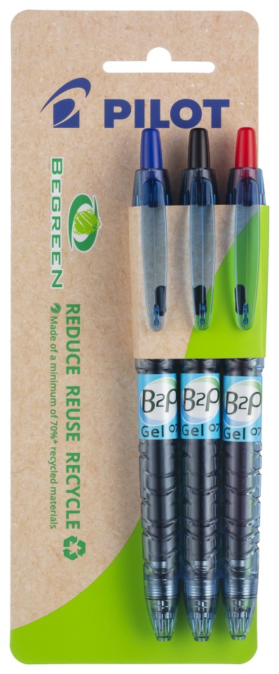 Pilot B2P BeGreen Gel Ink Pen Retractable Fine 0.7mm Assorted Colours Pack 3