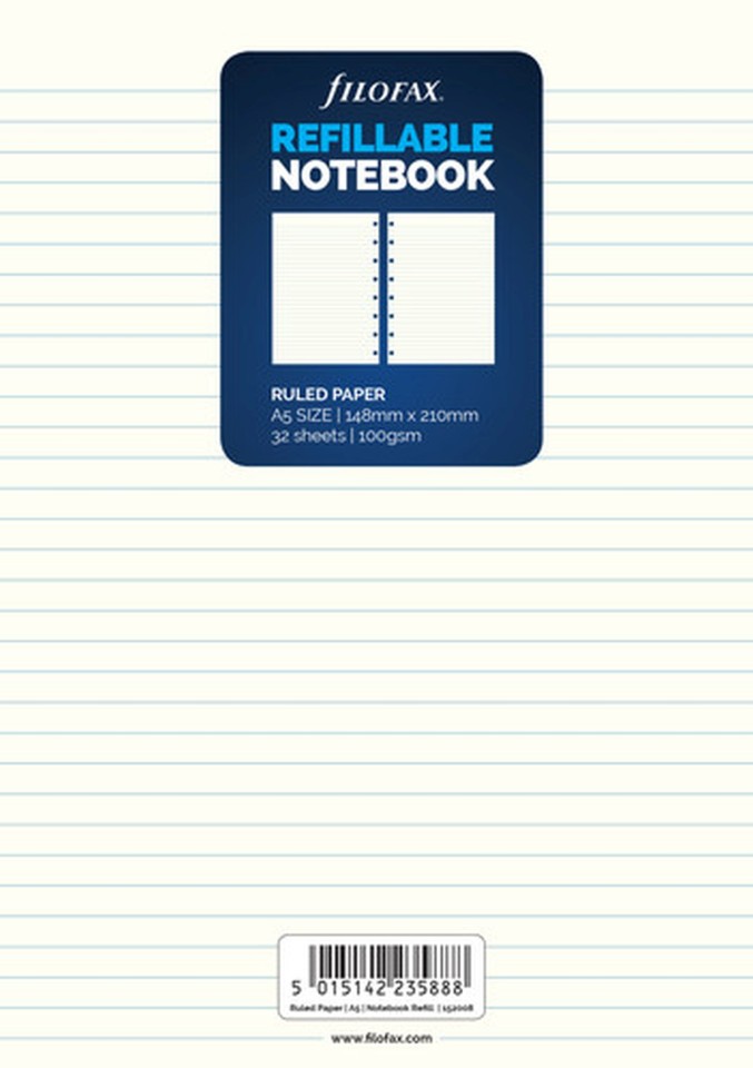 Filofax Notebook Refill Ruled A5 32 Sheet White