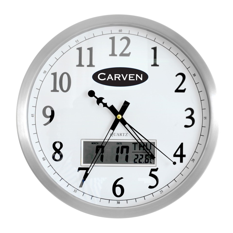 Carven Wall Clock Digital Display Glass Face Round 35cm Silver