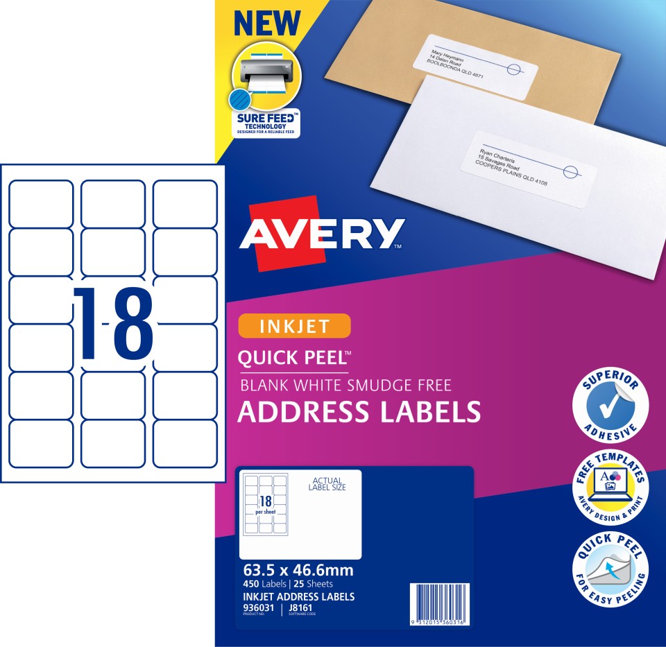 Avery Quick Peel Address Sure Feed Inkjet Printers 63.5 X 46.6mm Pack 450 Labels (936031 / J8161)