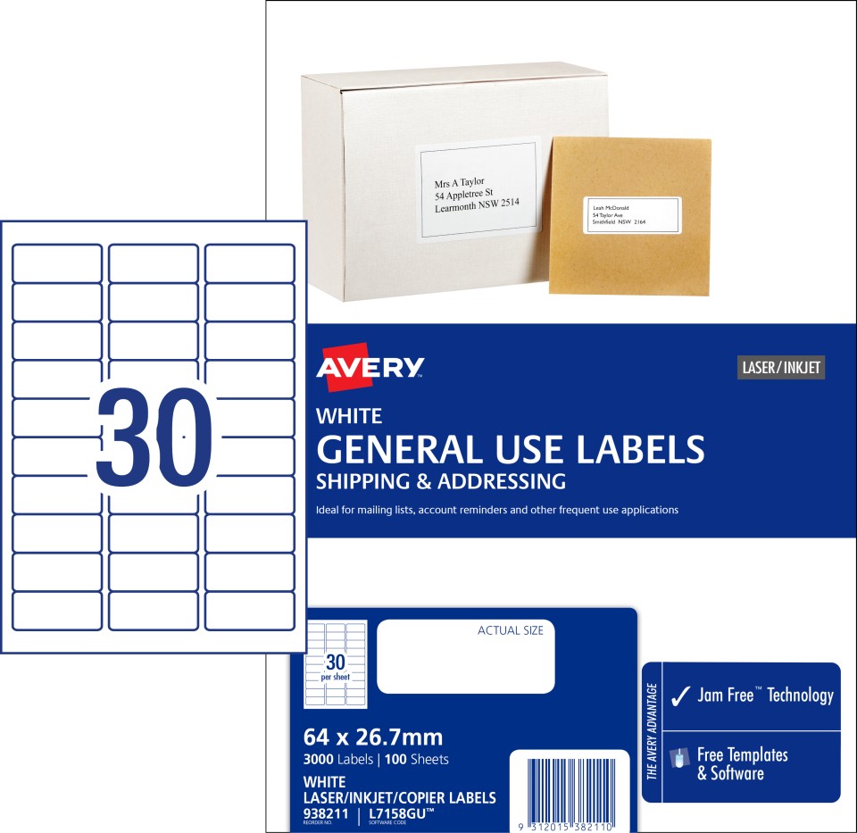 Avery General Use Labels 938211/L7158GU 64x26.7mm 30 Per Sheet White Pack 3000 Labels