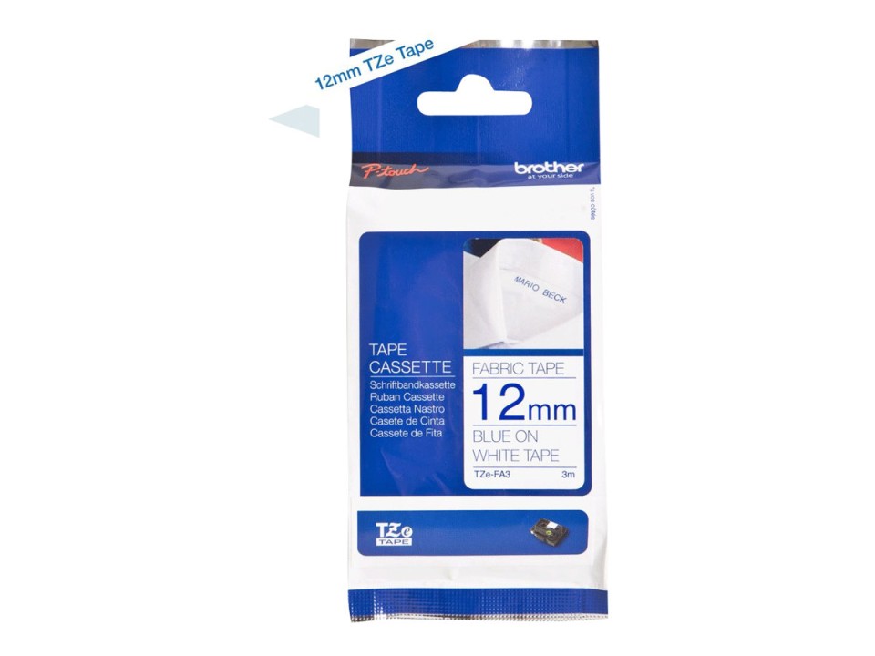 Brother TZe-FA3 P-Touch Fabric Labelling Tape Blue On White 12mmx3m