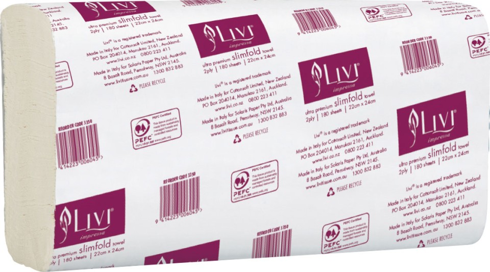 Livi Impressa Slimfold Towel 2 Ply White 180 Sheets per Pack 3350 Carton of 16