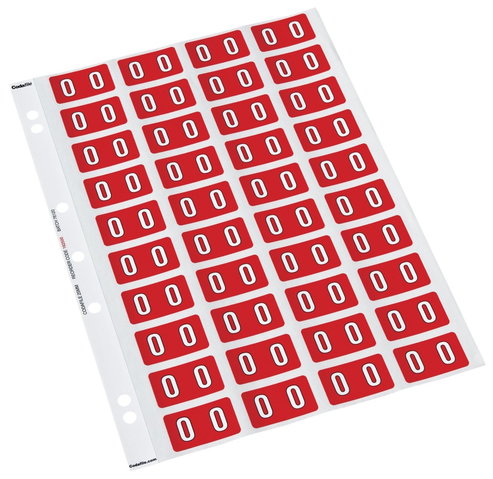 Codafile Lateral File Labels Numeric 0 25mm Pack 1 Sheet