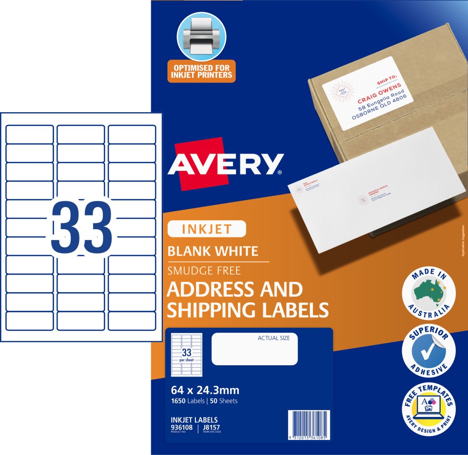 Avery Address Labels Sure Feed Inkjet Printer 936058/J8157 64x24.3mm 33 Per Sheet Pack 1650 Labels
