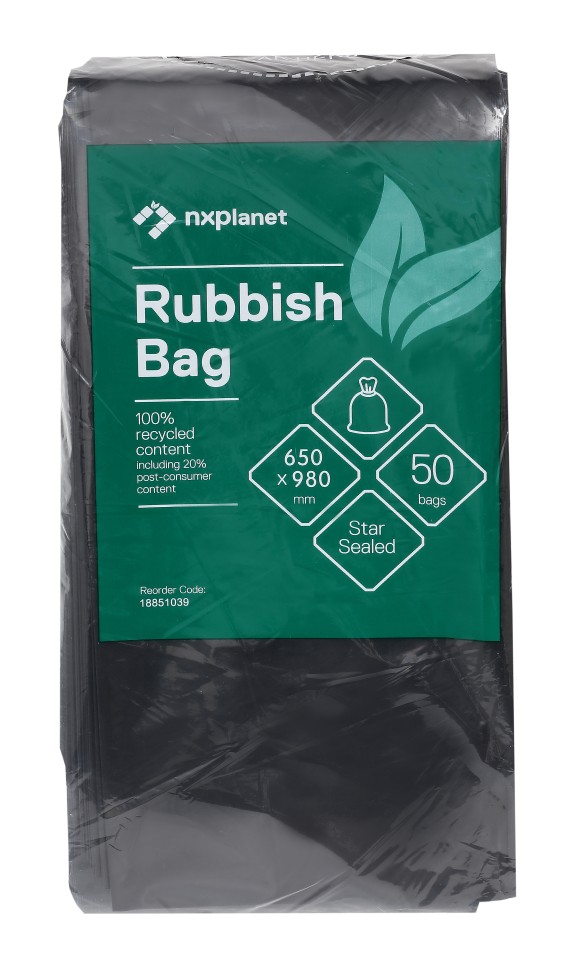 NXPlanet Rubbish Bag LDPE 63L 980x650mm 45mu Black Pack of 50